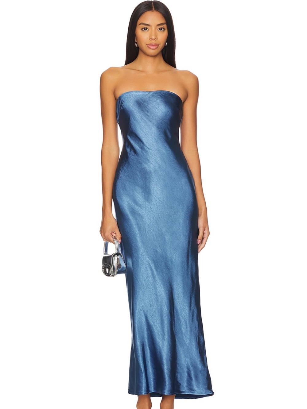 Satin Strapless Maxi Dress in Shimmering Blue